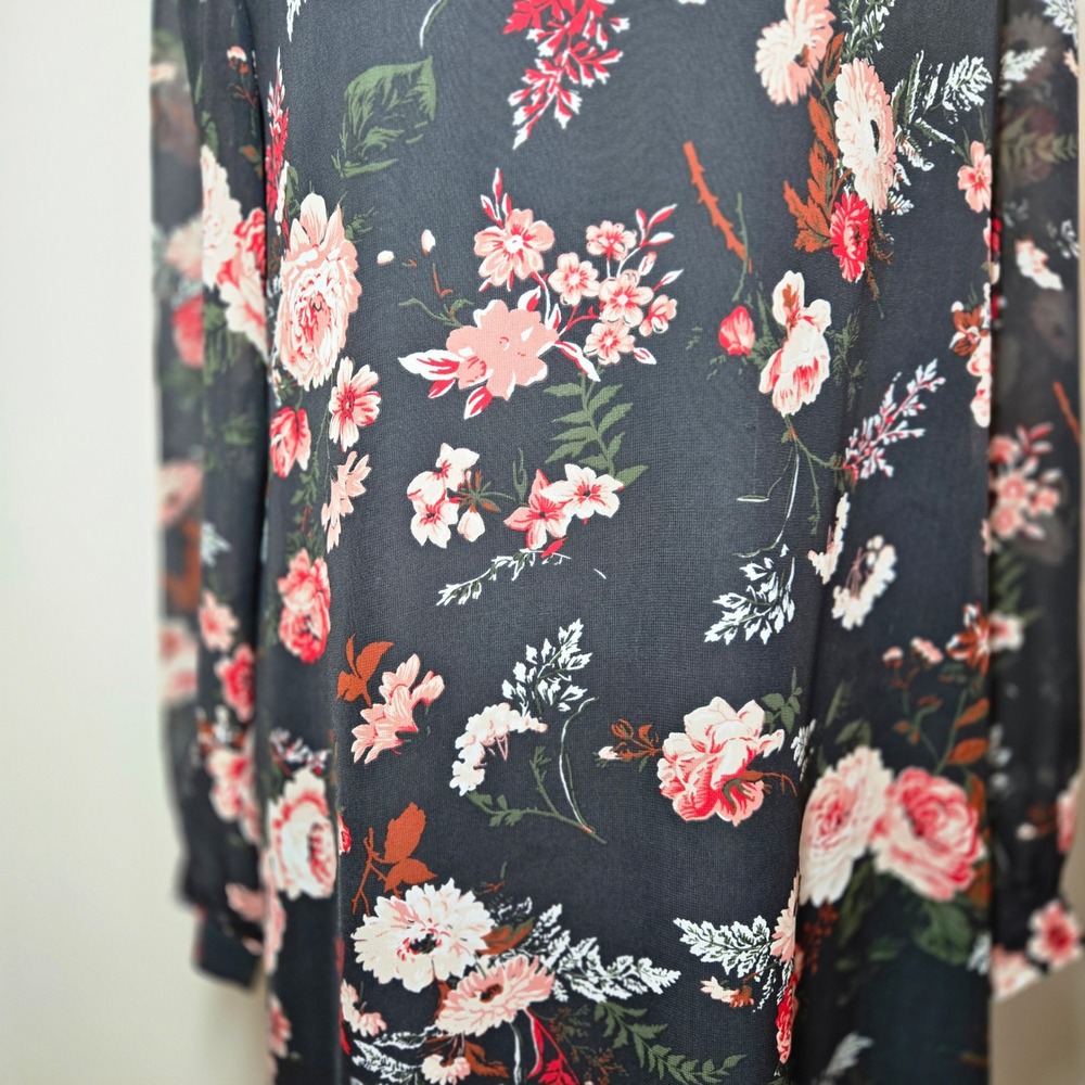 Loft Outlet Floral Shift Dress Womens 6 Black Ruffle Neck Long Sleeve (D10) - Picture 6 of 11